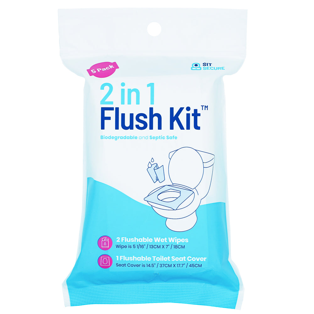 
                      
                        1 Bag of Sit Secure 5-Pack: 2-in-1 Flushable Wet Wipes and Flushable Toilet Seat Cover with 5 Packets
                      
                    