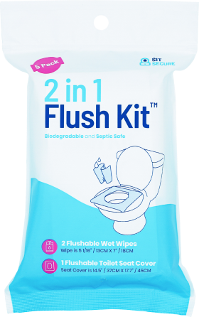 1 Bag of Sit Secure 5-Pack: 2-in-1 Flushable Wet Wipes and Flushable Toilet Seat Cover with 5 Packets